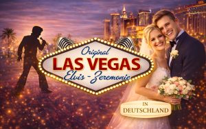 Brautpaar mit Elvis Wedding im Las-Vegas-Stil vor Hochzeitsschild